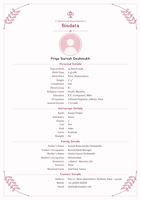 Rose Petal – marriage biodata format with photo