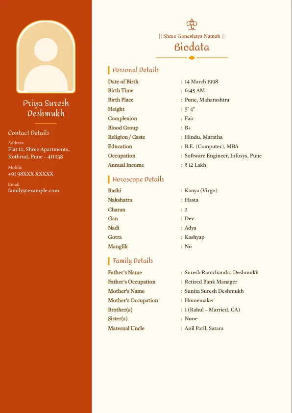 Marigold Sidebar – marriage biodata format with photo