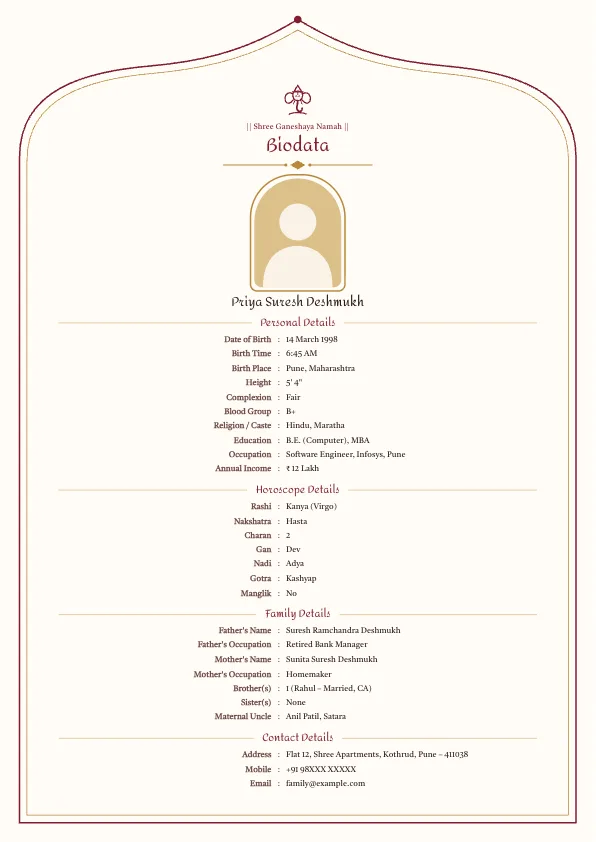 Maroon Arch – marriage biodata format with photo