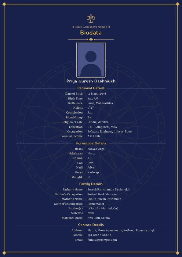 Midnight Gold – marriage biodata format with photo