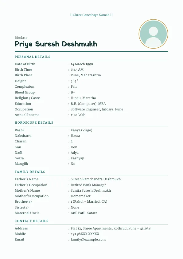 Peacock Minimal – marriage biodata format with photo