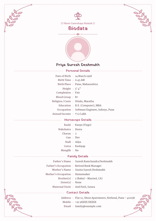 Rose Petal – marriage biodata format with photo