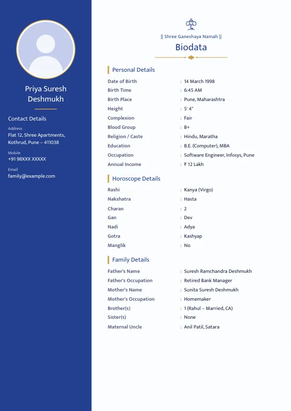Royal Blue – marriage biodata format with photo