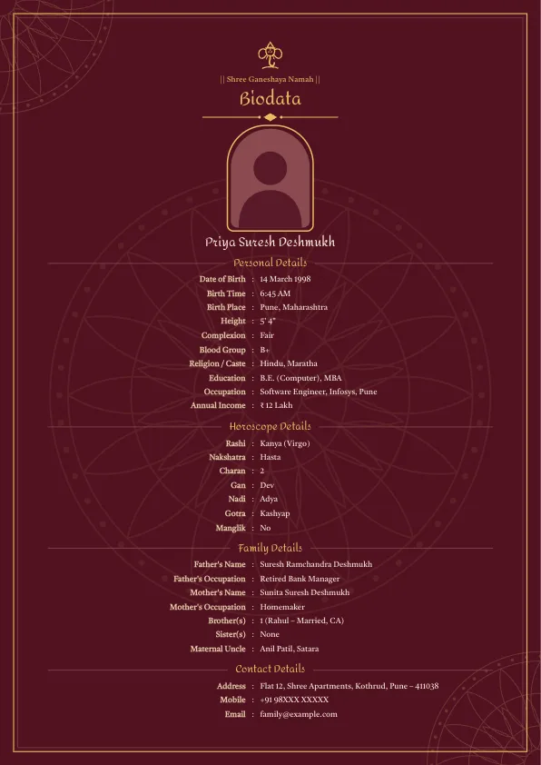 Wine Royal – marriage biodata format with photo